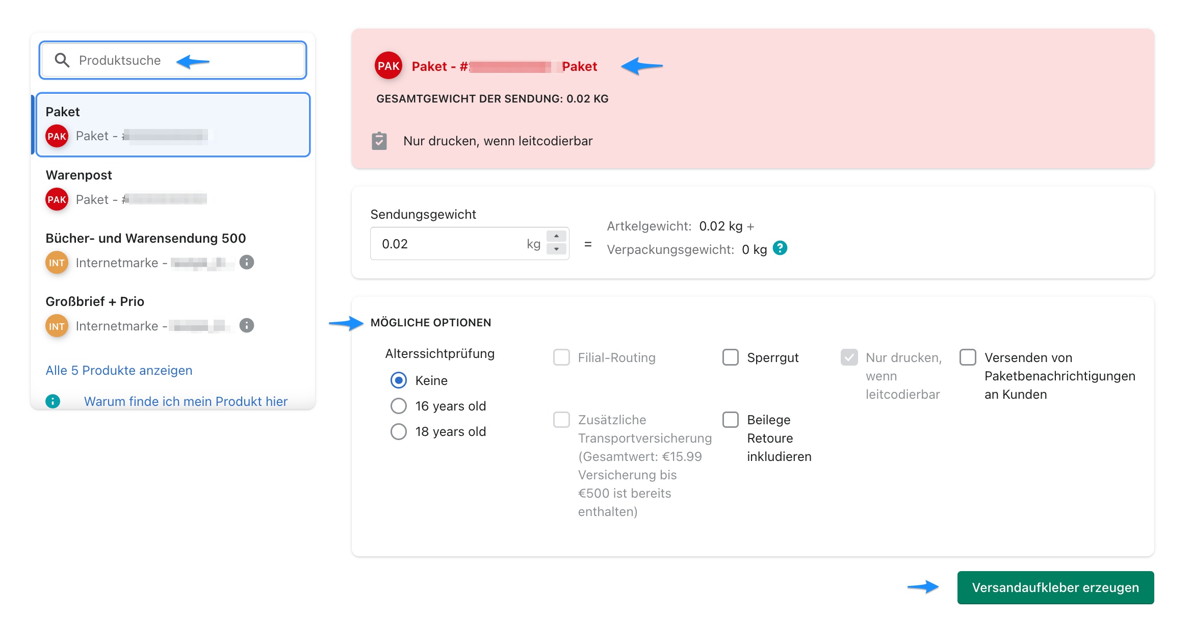 Versandlabel Service Einstellungen