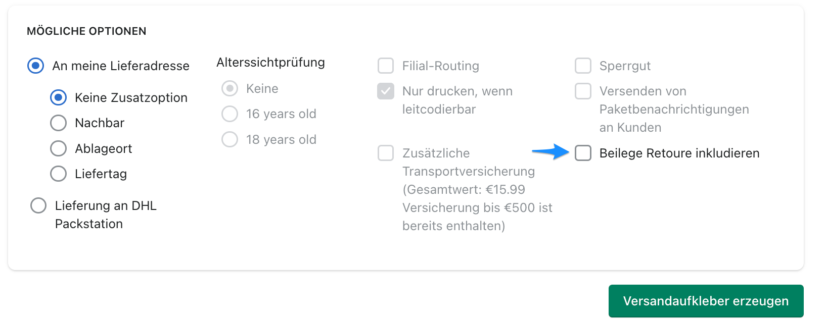 Beilege Retoure inkludiert