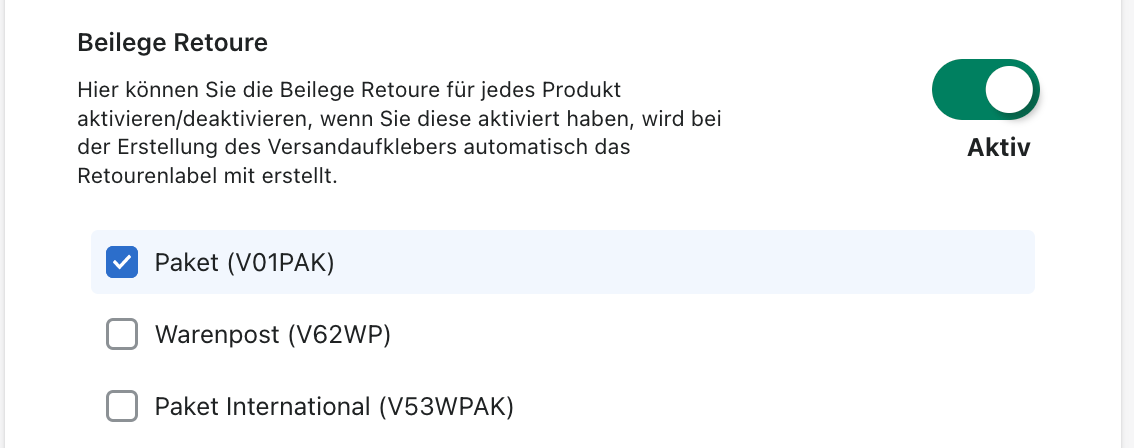 Einstellung Beilege Retoure 2