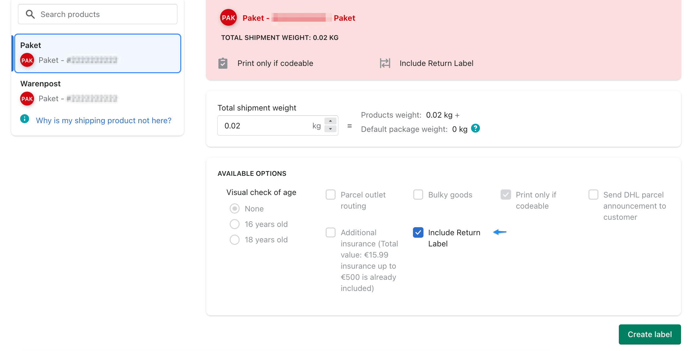create label with included return label step 1