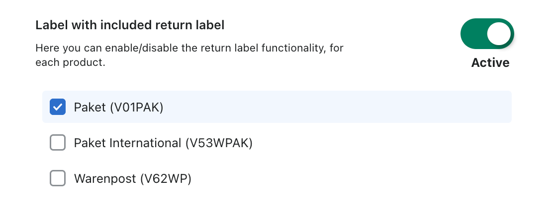 Label with included return label settings Label with included return label settings